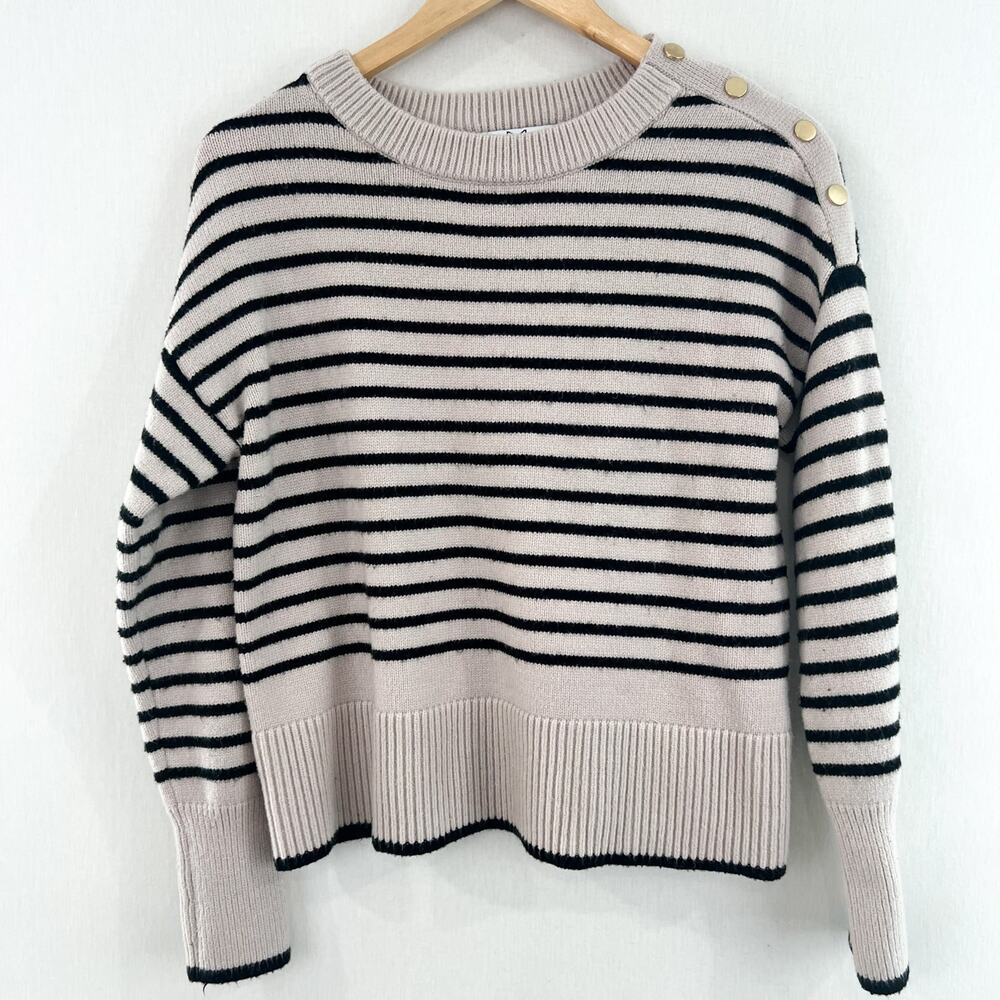 Magaschoni Women's Striped Sweater Small Gold Buttons Beige Black Minimalist